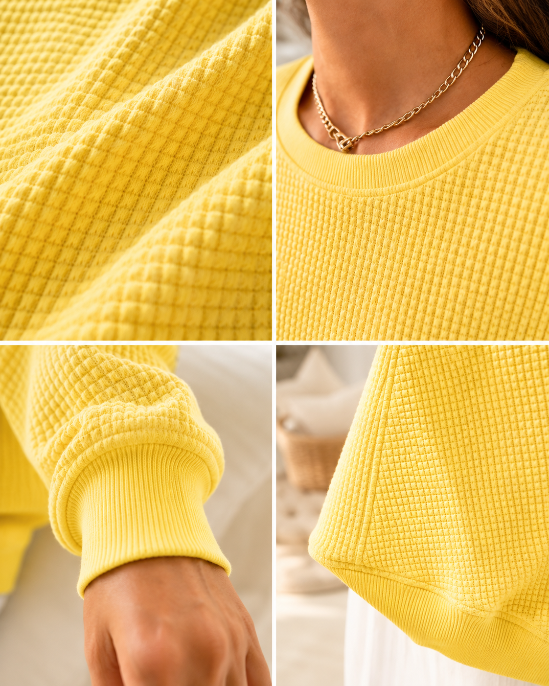 Suggested image: macro close-up of the waffle knit texture, neckline, cuff and stitching details