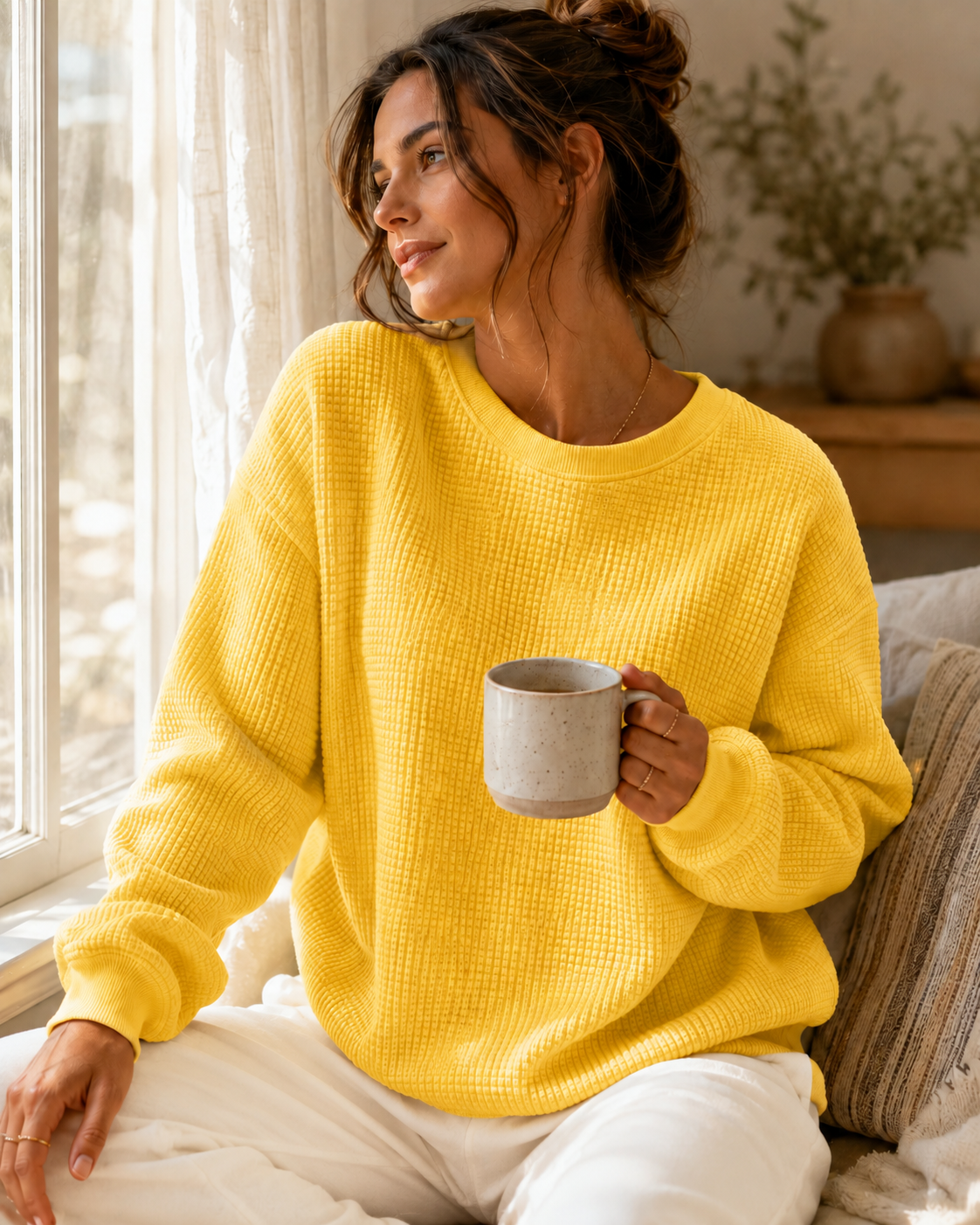 Suggested image: close lifestyle shot showing the sweatshirt worn on a cool morning with jeans or leggings