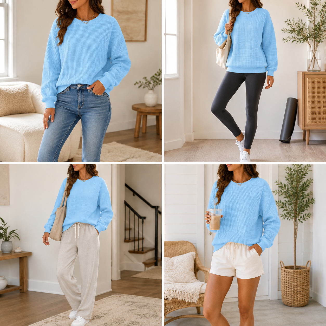 Suggested image: four outfit ideas featuring the waffle crewneck with jeans, leggings, casual trousers and shorts